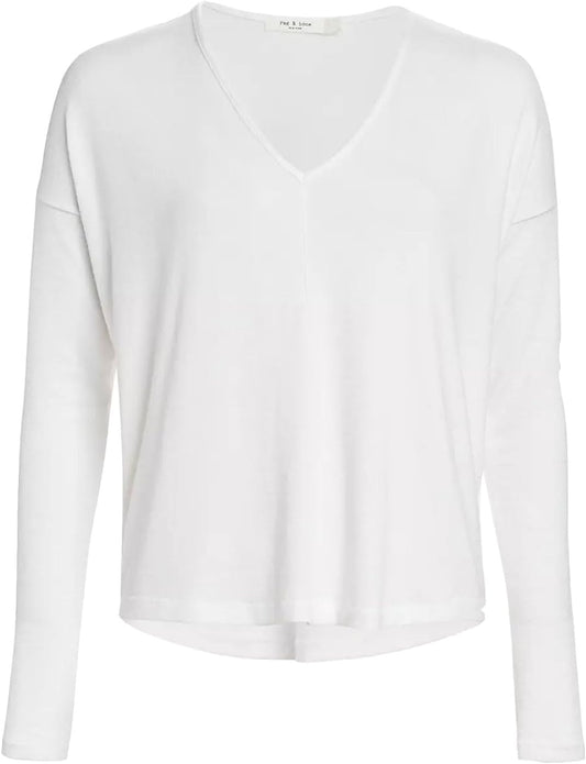 Rag & Bone Women Classic Fit White Hudson V-Neck Pullover Long Sleeve Shirt Top