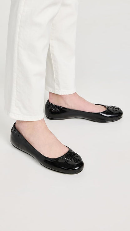 Tory Burch Women's Minnie Travel Black Patent Leather Ballet Flats Shoes