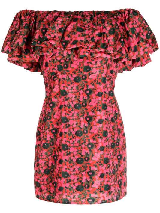 Rhode Women 100% Polyester Tiered Ruffle Neckline Mini Vivi Dress Flora Splash