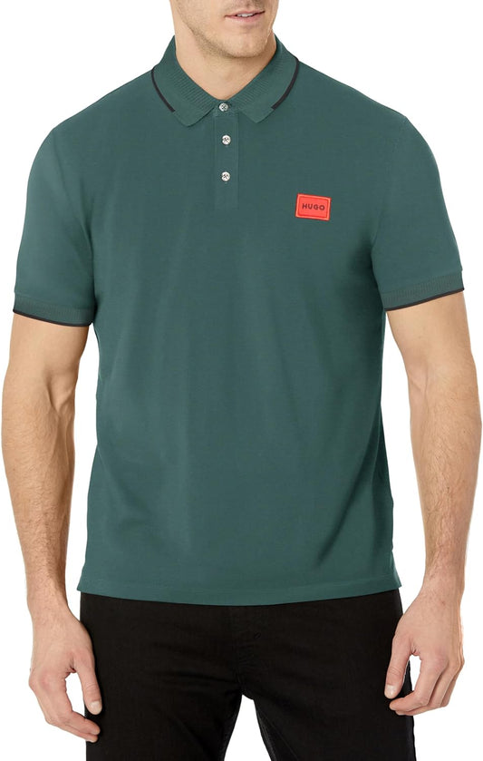 HUGO Men's Solid Green Square Logo Cotton Short Sleeve Polo T-Shirt