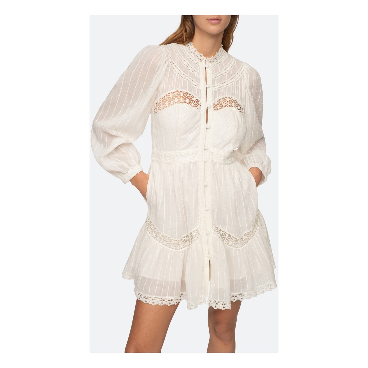 Sea Ny Women Haven Cotton Dobby Long Sleeve Pintucked Mini Dress Cream