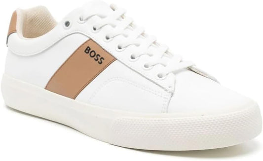 HUGO BOSS Mens Aiden Logo Block Leather Low Top Sneaker White Cream