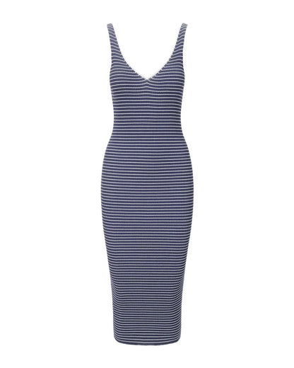 Staud Women Bodycon Dress Dana Sleeveless Midi Navy Micro Stripe